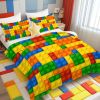 3 Piece Funny Toy Comforter Set with Pillow Shams Colorful Building Blocks Bedding Set with 3D Printed Designs Reversible Comforter Full Size Bed
