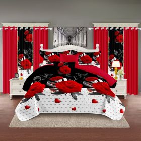 9-Piece Red Rose & Heart Bedding & Curtain Set (Queen/King/Cal King) - Quilted Microfiber Bedspread + Sheer Curtains (Color: red peony, size: KING)