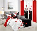 9-Piece Red Rose Bedding & Curtain Set (Queen/King/Cal King) - Quilted Microfiber Bedspread + Sheer Curtains
