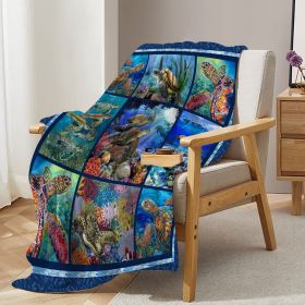 Ocean Turtle Fleece Flannel Blanket Coral Blanket Fluffy Cozy Marine Blue Fleece Blanket for Sofa Couch Travel (size: 75x100)